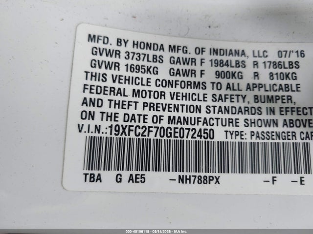 Продаж на аукціоні авто 2016 Honda Civic Ex, vin: 19XFC2F70GE072450, номер лоту: 45106115