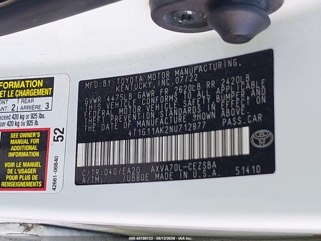 Aukcja sprzedaży 2022 Toyota Camry Se, vin: 4T1G11AK2NU712877, numer aukcji: 45106122