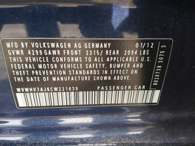 Auction sale of the 2012 Volkswagen Gti 4-door, vin: WVWHV7AJ6CW221639, lot number: 45106124