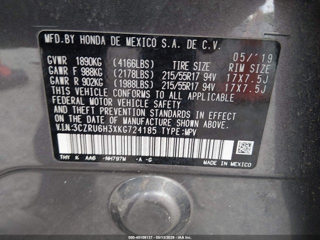 2019 Honda Hr-v Lx მანქანა იყიდება აუქციონზე, vin: 3CZRU6H3XKG724185, აუქციონის ნომერი: 45106137