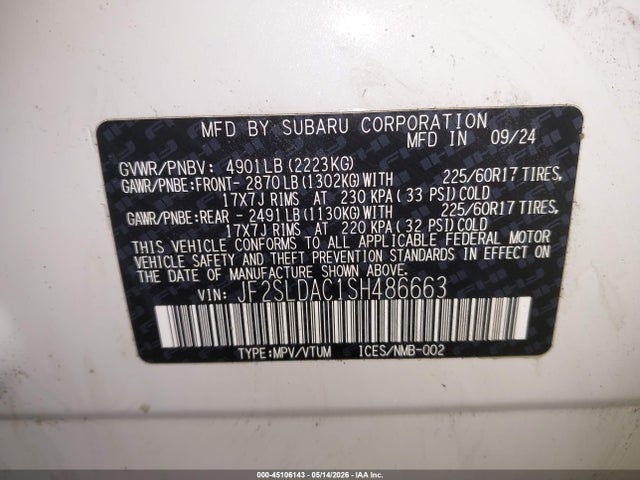 Продаж на аукціоні авто 2025 Subaru Forester, vin: JF2SLDAC1SH486663, номер лоту: 45106143