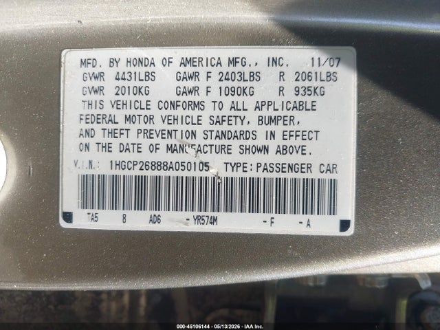 Продаж на аукціоні авто 2008 Honda Accord 2.4 Ex-l, vin: 1HGCP26888A050105, номер лоту: 45106144