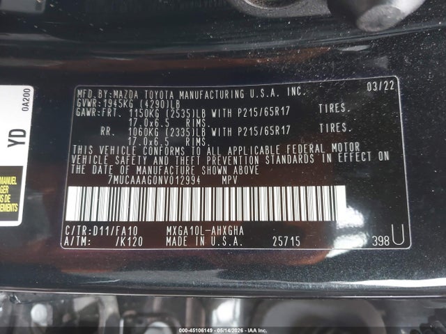 Aukcja sprzedaży 2022 Toyota Corolla Cross Le, vin: 7MUCAAAG0NV012994, numer aukcji: 45106149