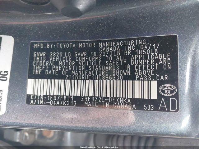 2T1BURHE1HC896330 Toyota COROLLA LE