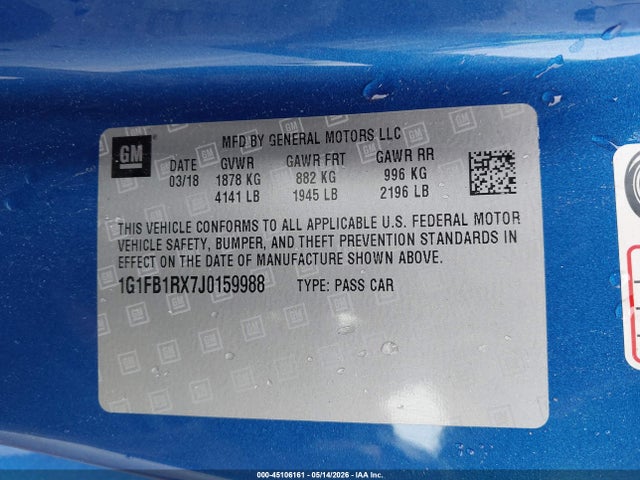 Продаж на аукціоні авто 2018 Chevrolet Camaro 1lt, vin: 1G1FB1RX7J0159988, номер лоту: 45106161