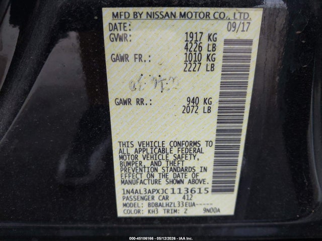 45106166 :رقم المزاد ، 1N4AL3APXJC113615 vin ، 2018 Nissan Altima 2.5 Sr مزاد بيع