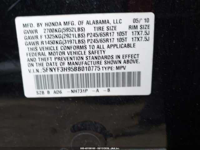 Продажа на аукционе авто 2011 Honda Pilot Touring, vin: 5FNYF3H95BB010775, номер лота: 45106165