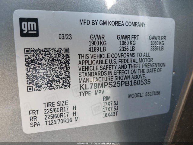 Продажа на аукционе авто 2023 Chevrolet Trailblazer Fwd Lt, vin: KL79MPS25PB160535, номер лота: 45106170