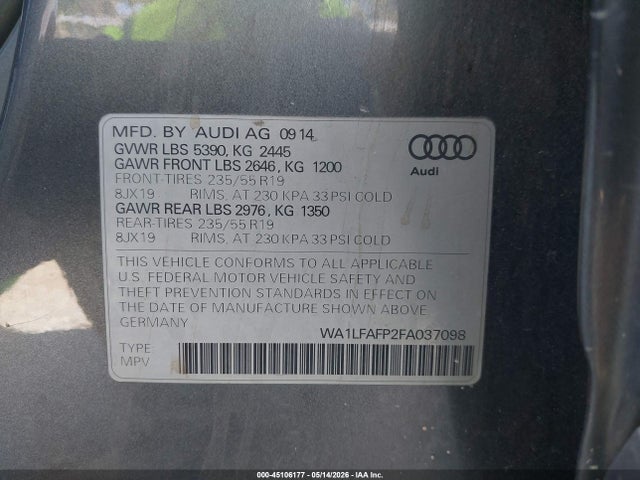 Aukcja sprzedaży 2015 Audi Q5 2.0t Premium, vin: WA1LFAFP2FA037098, numer aukcji: 45106177