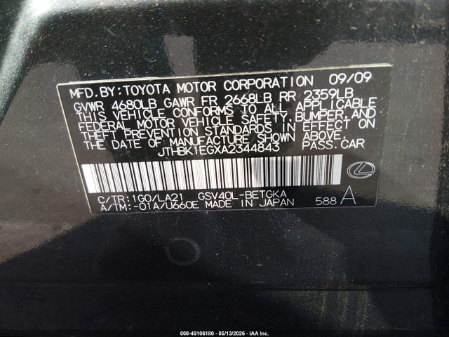 Aukcja sprzedaży 2010 Lexus Es 350, vin: JTHBK1EGXA2344843, numer aukcji: 45106180