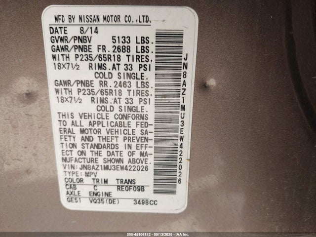 2014 Nissan Murano Sv მანქანა იყიდება აუქციონზე, vin: JN8AZ1MU3EW422026, აუქციონის ნომერი: 45106182