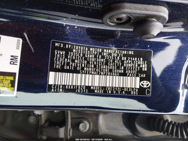 2022 Toyota Corolla Le მანქანა იყიდება აუქციონზე, vin: 5YFEPMAE7NP284064, აუქციონის ნომერი: 45106183