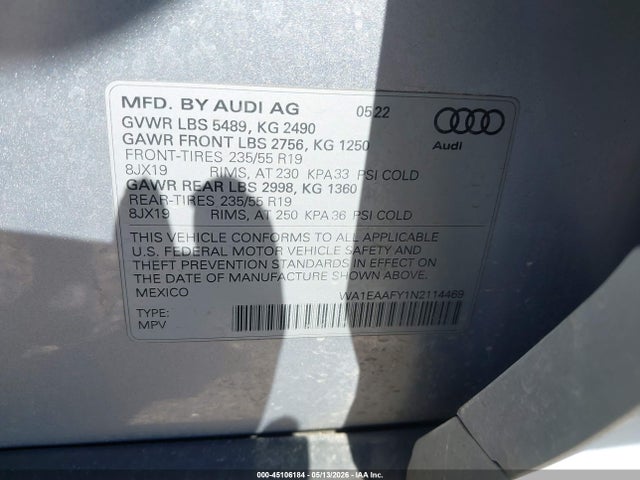 Aukcja sprzedaży 2022 Audi Q5 Premium Plus 45 Tfsi S Line Quattro S Tronic, vin: WA1EAAFY1N2114469, numer aukcji: 45106184
