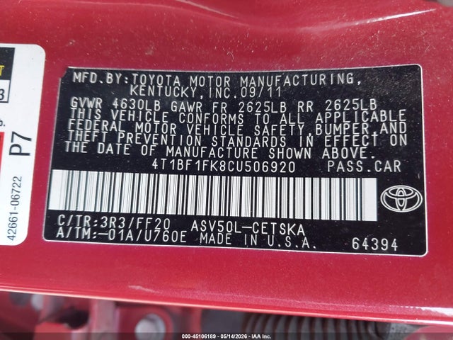 2012 Toyota Camry Se მანქანა იყიდება აუქციონზე, vin: 4T1BF1FK8CU506920, აუქციონის ნომერი: 45106189