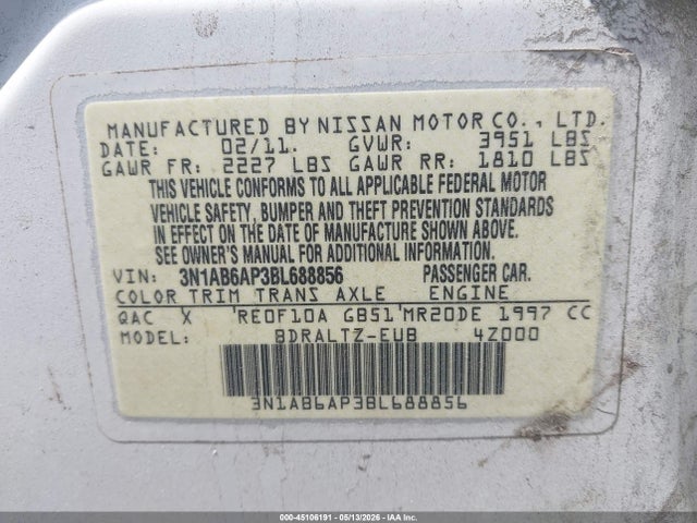 Aukcja sprzedaży 2011 Nissan Sentra 2.0s, vin: 3N1AB6AP3BL688856, numer aukcji: 45106191