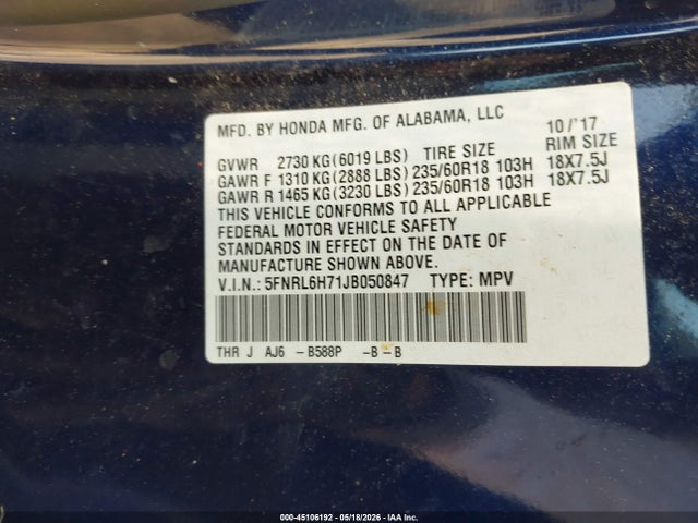 Aukcja sprzedaży 2018 Honda Odyssey Ex-l, vin: 5FNRL6H71JB050847, numer aukcji: 45106192
