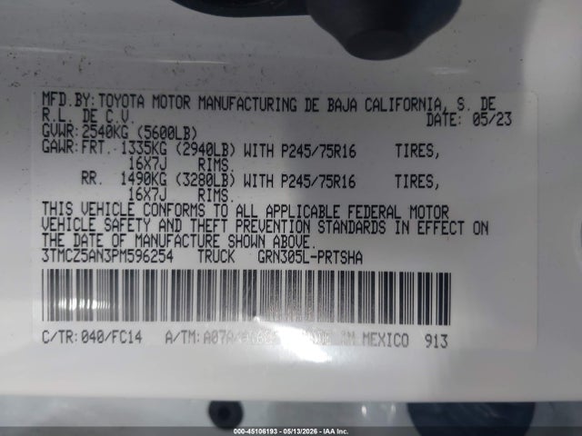 Продаж на аукціоні авто 2023 Toyota Tacoma Sr5 V6, vin: 3TMCZ5AN3PM596254, номер лоту: 45106193