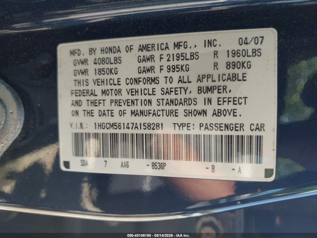 Продаж на аукціоні авто 2007 Honda Accord 2.4 Vp, vin: 1HGCM56147A158281, номер лоту: 45106195