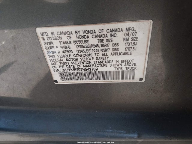 Продажа на аукционе авто 2007 Honda Ridgeline Rt, vin: 2HJYK16297H542789, номер лота: 45106209
