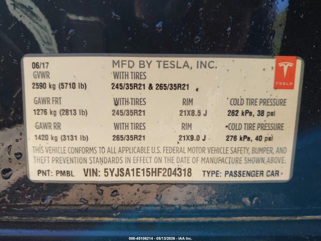 Продаж на аукціоні авто 2017 Tesla Model S 60/75, vin: 5YJSA1E15HF204318, номер лоту: 45106214