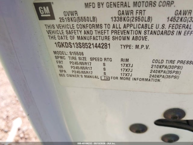Продажа на аукционе авто 2005 Gmc Envoy Sle, vin: 1GKDS13S852144281, номер лота: 45106232