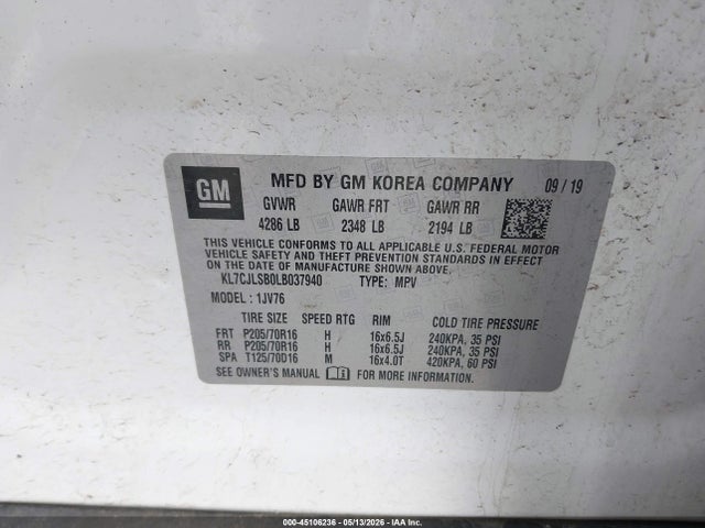 Aukcja sprzedaży 2020 Chevrolet Trax Fwd Lt, vin: KL7CJLSB0LB037940, numer aukcji: 45106236