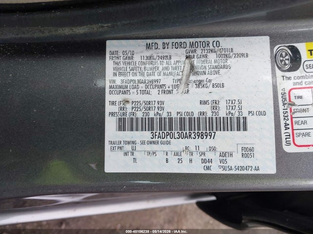 Aukcja sprzedaży 2010 Ford Fusion Hybrid, vin: 3FADP0L30AR398997, numer aukcji: 45106238