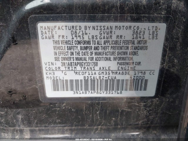 Aukcja sprzedaży 2016 Nissan Sentra S, vin: 3N1AB7AP8GY331768, numer aukcji: 45106247