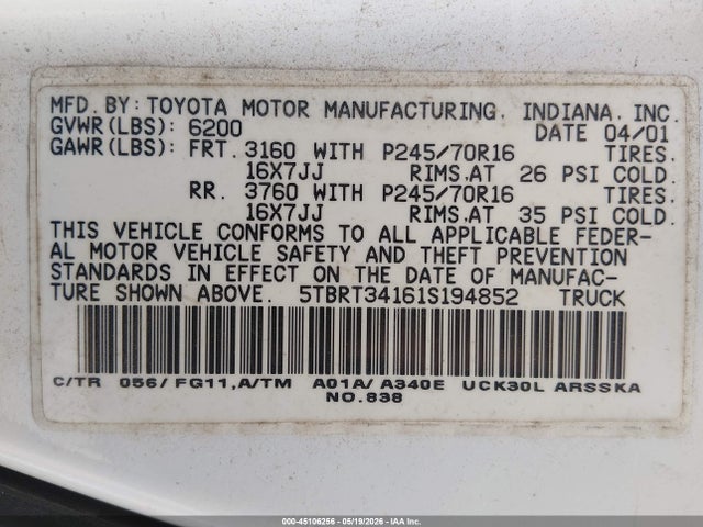 45106256 :رقم المزاد ، 5TBRT34161S194852 vin ، 2001 Toyota Tundra Sr5 V8 مزاد بيع