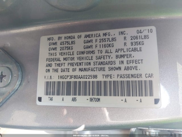 Продажа на аукционе авто 2010 Honda Accord 3.5 Ex-l, vin: 1HGCP3F80AA022598, номер лота: 45106260