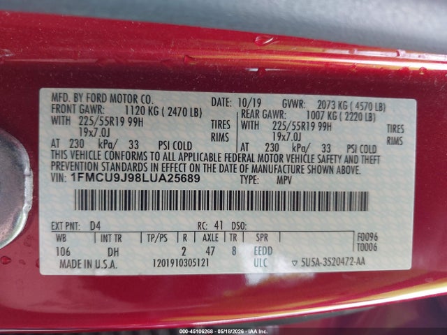 45106268 :رقم المزاد ، 1FMCU9J98LUA25689 vin ، 2020 Ford Escape Titanium مزاد بيع