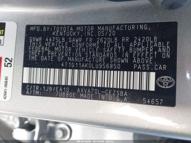 Продажа на аукционе авто 2020 Toyota Camry Se, vin: 4T1G11AK0LU956850, номер лота: 45106284