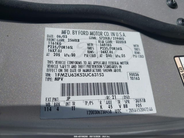 Auction sale of the 2003 Ford Explorer Nbx/xlt, vin: 1FMZU63K53UC63153, lot number: 45106288