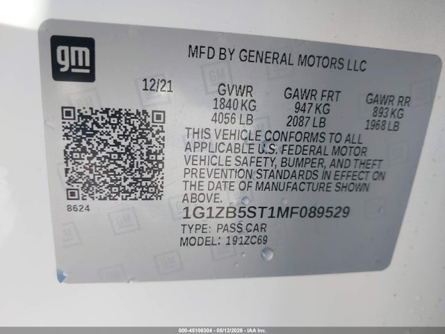 Aukcja sprzedaży 2021 Chevrolet Malibu Fwd Ls, vin: 1G1ZB5ST1MF089529, numer aukcji: 45106304