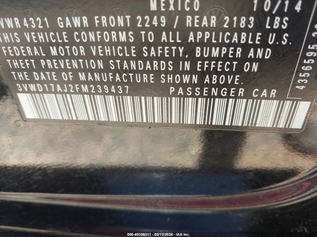 45106311 :رقم المزاد ، 3VWD17AJ2FM239437 vin ، 2015 Volkswagen Jetta 1.8t Se مزاد بيع