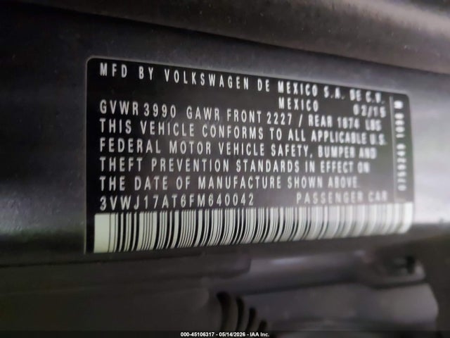 Aukcja sprzedaży 2015 Volkswagen Beetle 1.8t, vin: 3VWJ17AT6FM640042, numer aukcji: 45106317