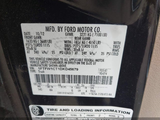 Продажа на аукционе авто 2013 Ford F-150 King Ranch, vin: 1FTFW1CT1DKD45679, номер лота: 45106331