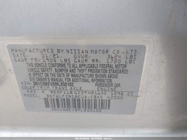 Продаж на аукціоні авто 2021 Nissan Versa Sv Xtronic Cvt, vin: 3N1CN8EV8ML850102, номер лоту: 45106345