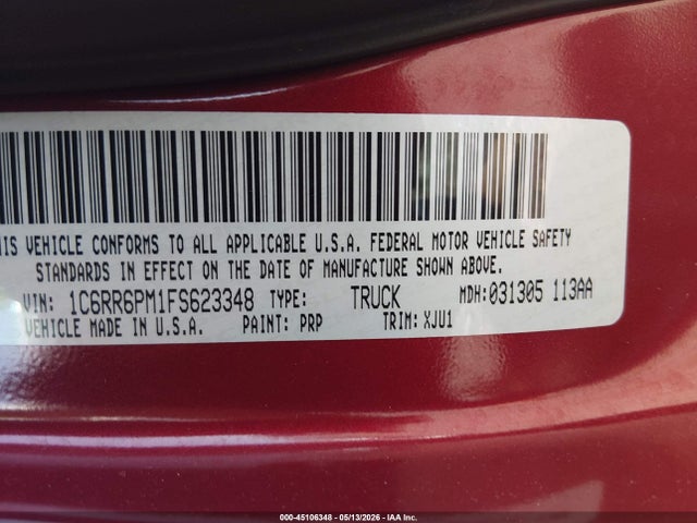 45106348 :رقم المزاد ، 1C6RR6PM1FS623348 vin ، 2015 Ram 1500 Laramie Longhorn مزاد بيع