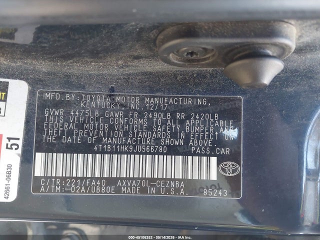 Продаж на аукціоні авто 2018 Toyota Camry Le, vin: 4T1B11HK9JU566780, номер лоту: 45106352