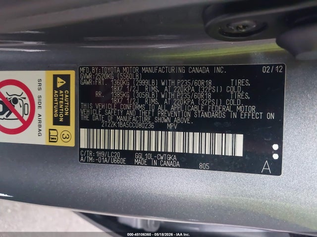 Aukcja sprzedaży 2012 Lexus Rx 350, vin: 2T2ZK1BA5CC080236, numer aukcji: 45106360