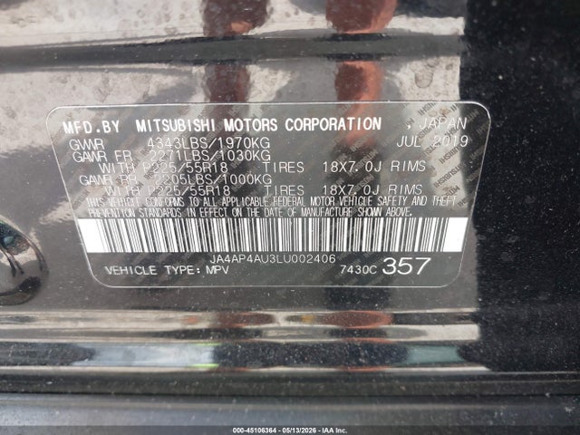 45106364 :رقم المزاد ، JA4AP4AU3LU002406 vin ، 2020 Mitsubishi Outlander Sport 2.0 Se مزاد بيع