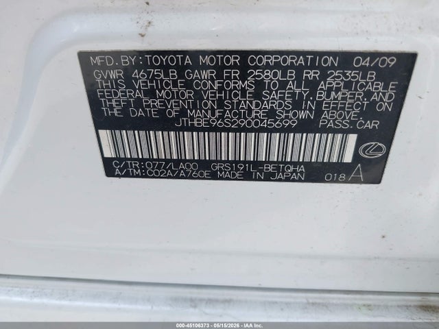 45106373 :رقم المزاد ، JTHBE96S290045699 vin ، 2009 Lexus Gs 350 مزاد بيع
