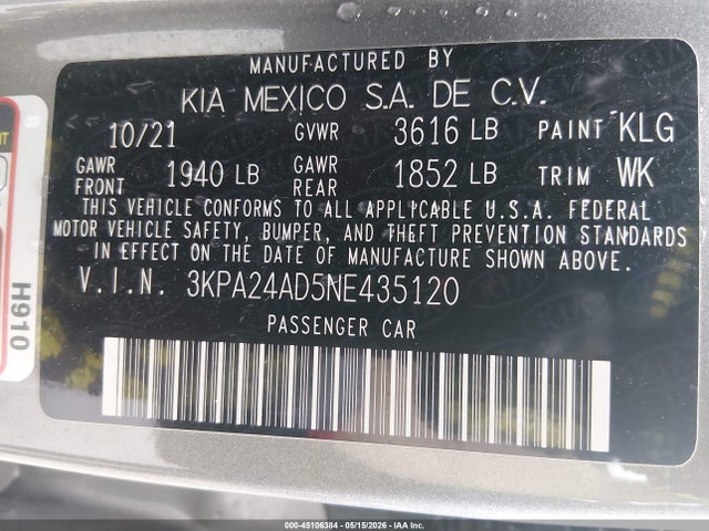 Auction sale of the 2022 Kia Rio S, vin: 3KPA24AD5NE435120, lot number: 45106384