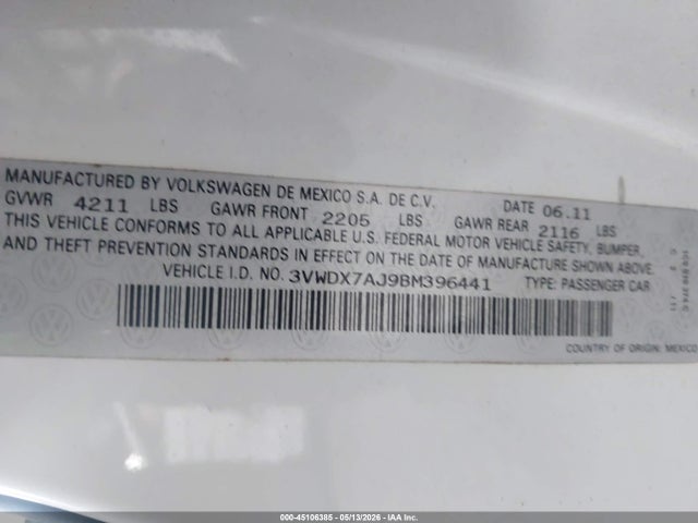 Продаж на аукціоні авто 2011 Volkswagen Jetta 2.5l Se, vin: 3VWDX7AJ9BM396441, номер лоту: 45106385