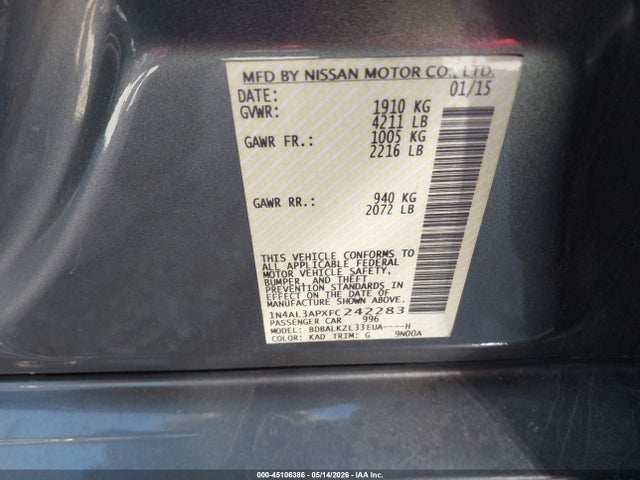 45106386 :رقم المزاد ، 1N4AL3APXFC242283 vin ، 2015 Nissan Altima 2.5 Sv مزاد بيع