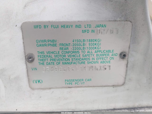 2007 Subaru Forester 2.5x მანქანა იყიდება აუქციონზე, vin: JF1SG63617H746157, აუქციონის ნომერი: 45106391