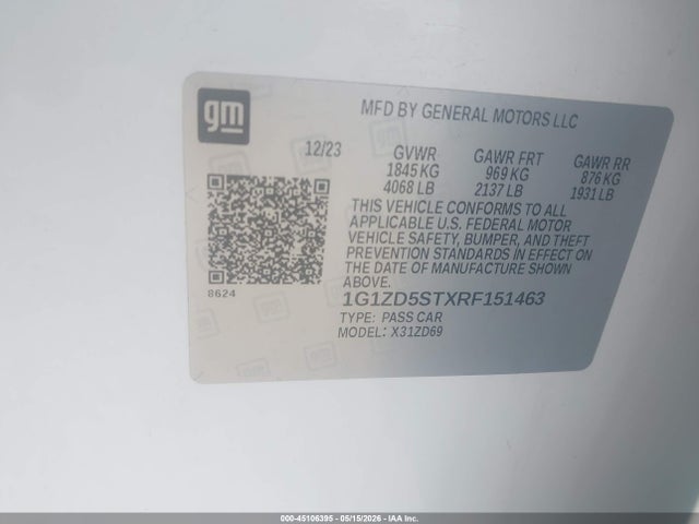 45106395 :رقم المزاد ، 1G1ZD5STXRF151463 vin ، 2024 Chevrolet Malibu Fwd 1lt مزاد بيع