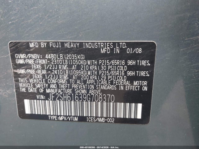 Продаж на аукціоні авто 2009 Subaru Forester 2.5x, vin: JF2SH61639G708370, номер лоту: 45106398