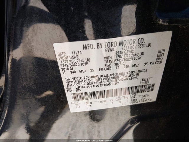 Продаж на аукціоні авто 2014 Ford Edge Sel, vin: 2FMDK4JC9EBB60357, номер лоту: 45106402